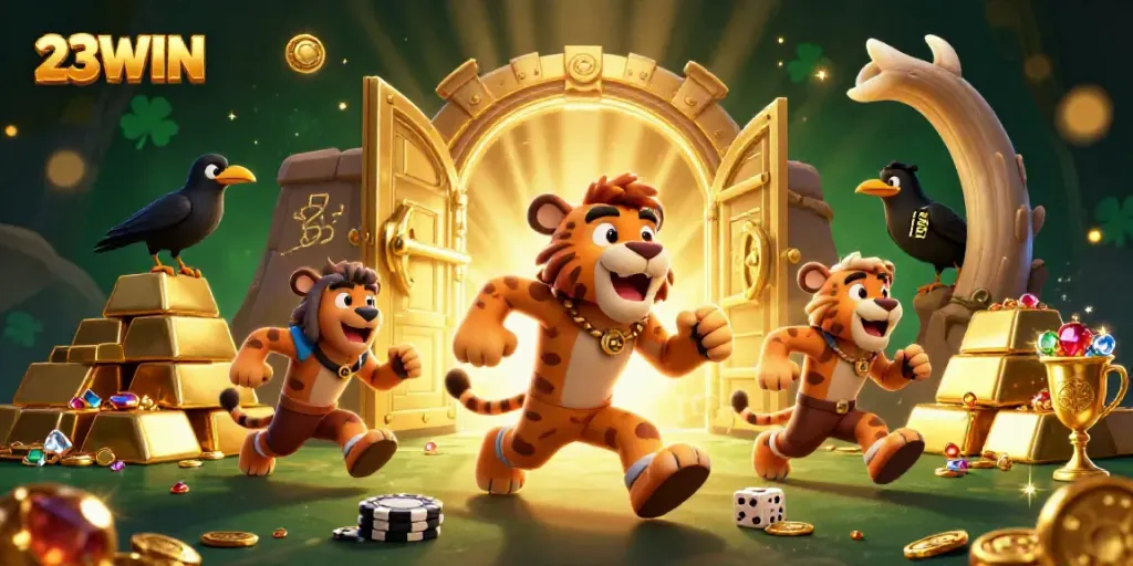 Experience thrilling gameplay at 23WIN with a vibrant prehistoric casino scene featuring unique characters and rich treasures.