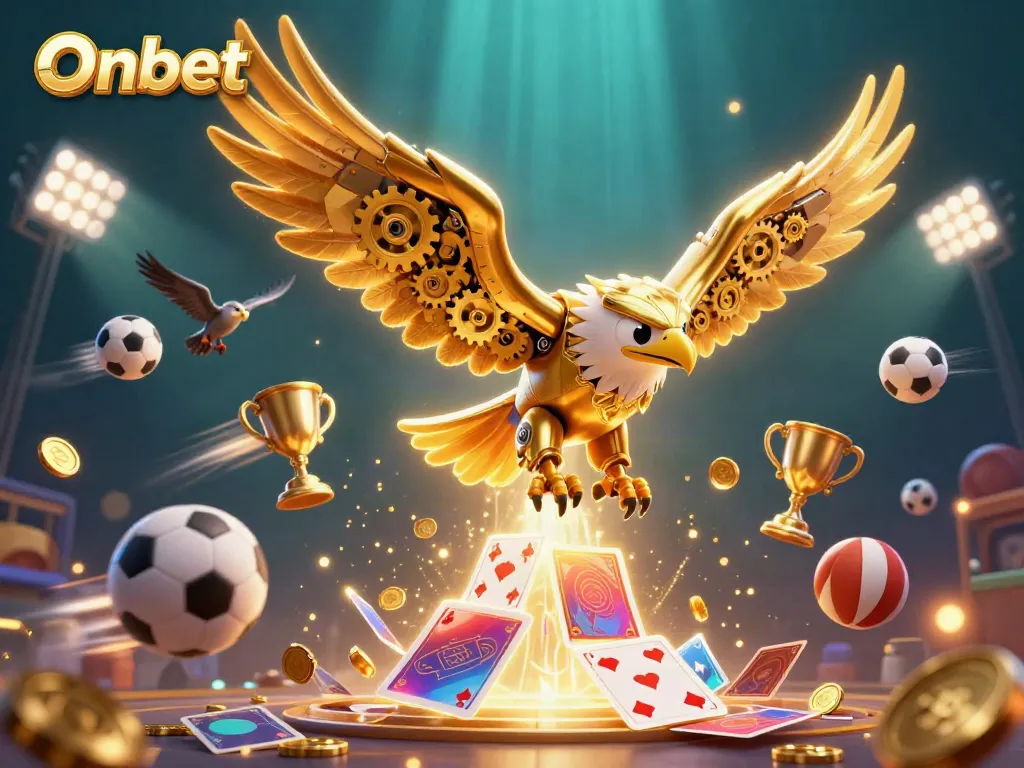 Onbet leads the charge with a cybernetic eagle amidst shining sports elements and holographic cards.