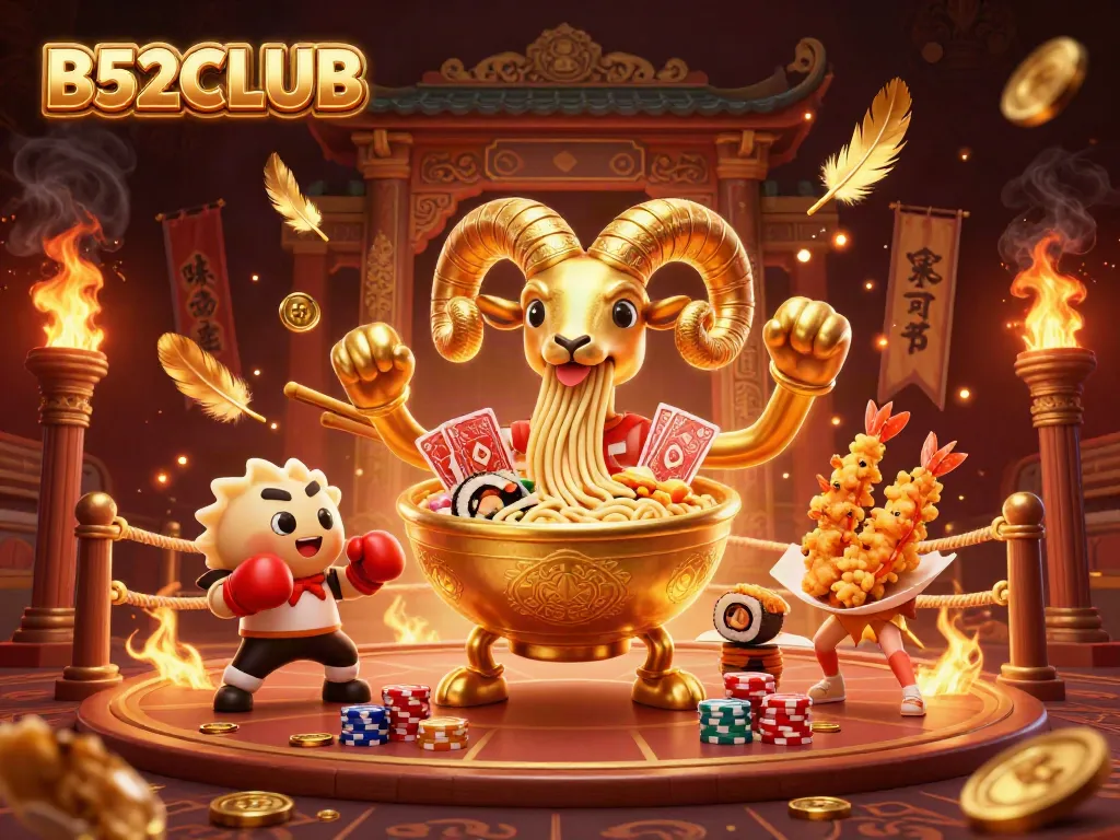 B52CLUB showcases a vibrant 3D scene with a golden ramen bowl dealer, gyoza, and sushi roll amidst gambling elements.
