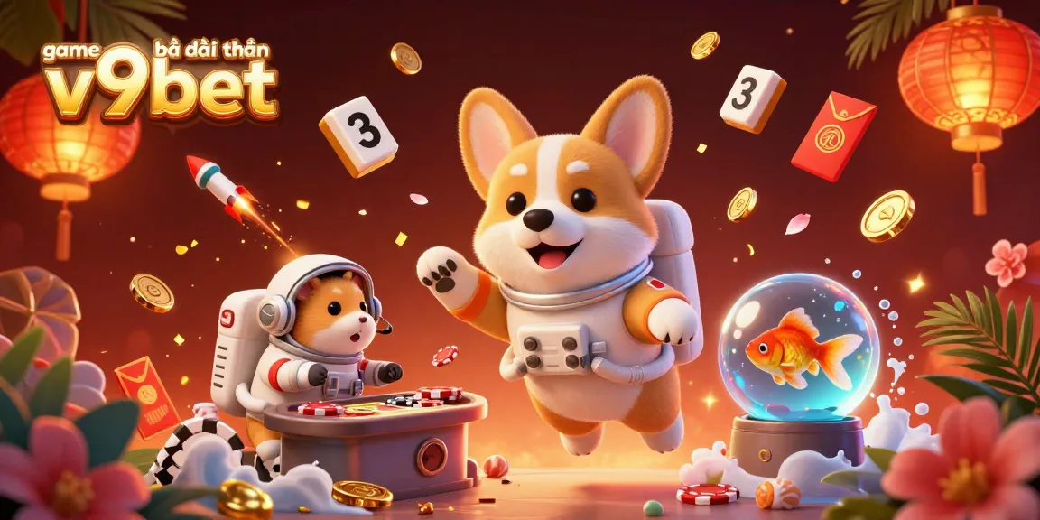 Experience the excitement of game bài đổi thưởng v9bet in a vibrant 3D casino scene filled with characters and dynamic gaming elements.