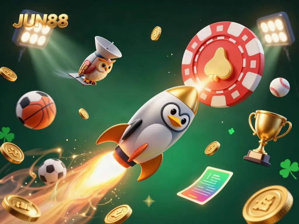 Experience the thrill of JUN88 with a dynamic 3D rocket-powered penguin and vibrant casino elements.