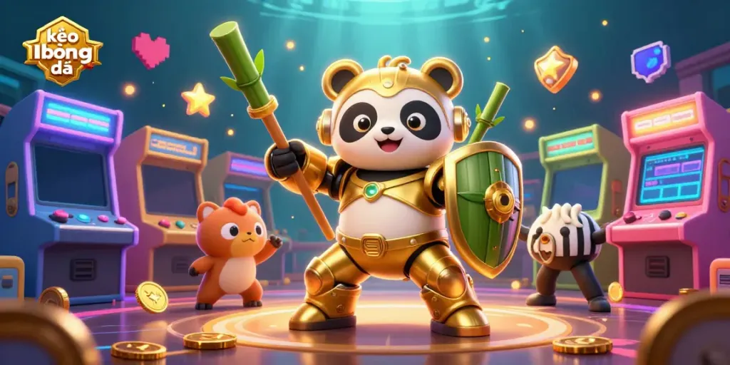 Engaging scene of kèo bóng đá featuring a golden panda mech and sports elements in a vibrant arena.