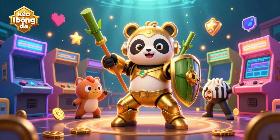 Engaging scene of kèo bóng đá featuring a golden panda mech and sports elements in a vibrant arena.