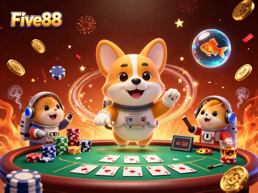Immerse yourself in the Five88 casino adventure with floating poker chips and animated characters!