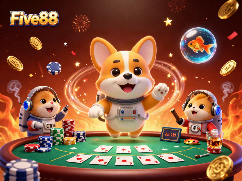 Immerse yourself in the Five88 casino adventure with floating poker chips and animated characters!