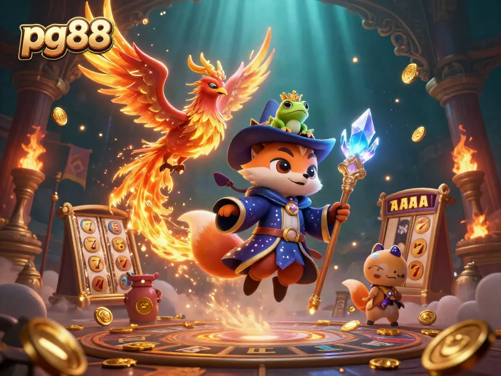 Experience the magic of pg88 with a mystical casino scene featuring a wizard, phoenix, and enchanted elements.