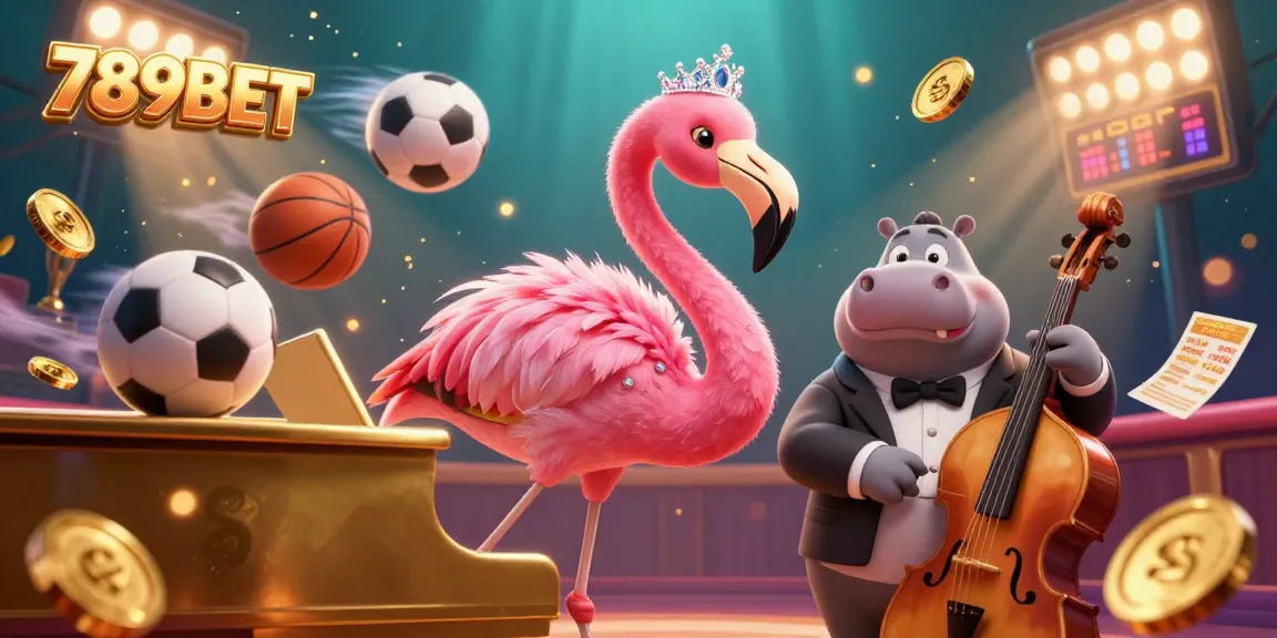 Engage with 789BET in a vibrant casino scene featuring animated characters and sports-themed elements for a dynamic experience.