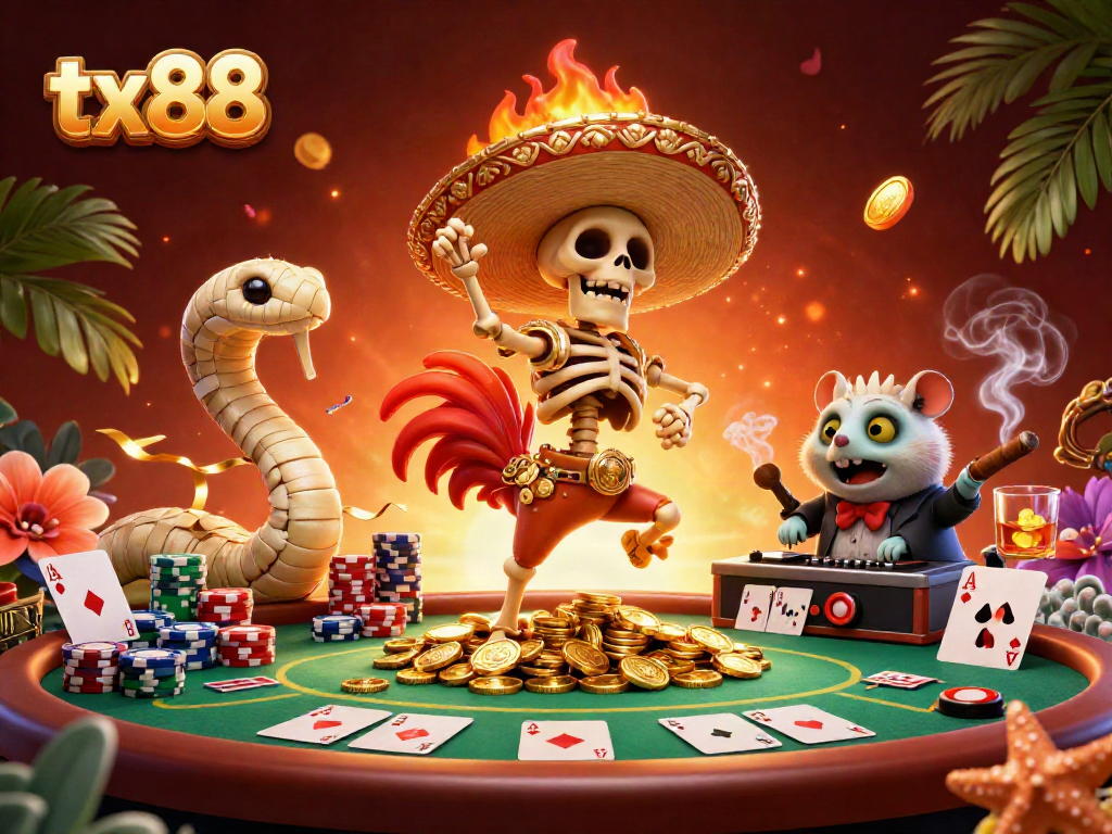 Experience thrilling action with tx88 in a vibrant casino scene featuring unique characters and poker elements.