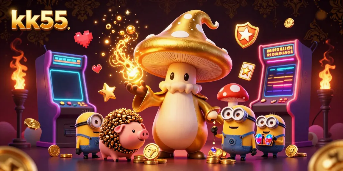 kk55 casino scene featuring a golden mushroom wizard casting magic, enhancing jackpot excitement.