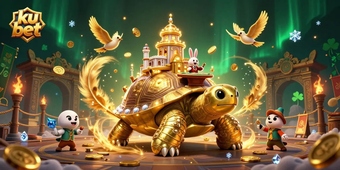 Experience the excitement of ku bet with a captivating 3D illustration featuring a golden tortoise casino and more.