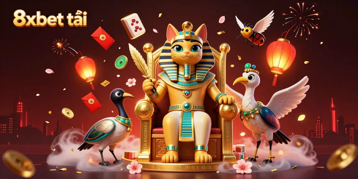 Engaging illustration of 8xbet tải showcasing a vibrant casino scene with Egyptian-themed characters and dynamic elements.