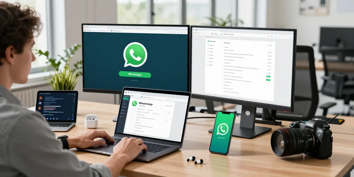 Downloading WhatsApp下載 on a laptop in a modern tech workspace with vibrant details.