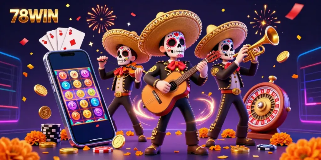 Experience thrilling gaming moments with 78WIN in a vibrant 3D casino scene featuring a lively mariachi band.