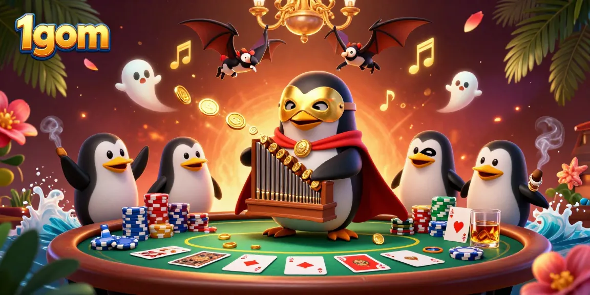 Engage with 1gom's vibrant gambling scene featuring a penguin playing an organ that shoots coins.