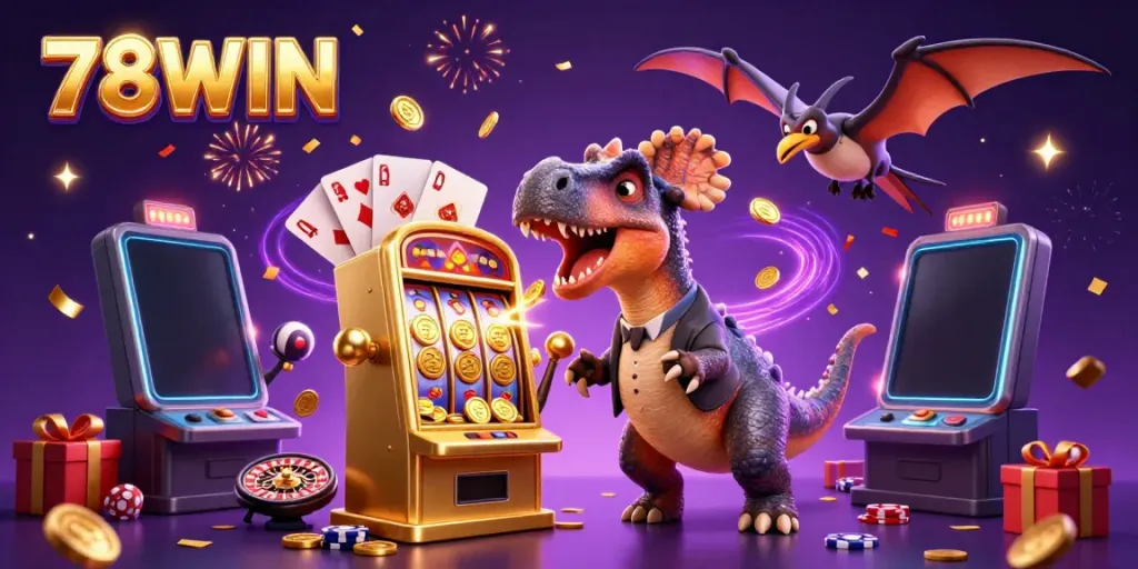 Experience thrilling jackpots with 78WIN: A pachycephalosaurus, casino manager, and golden coins collide in excitement.