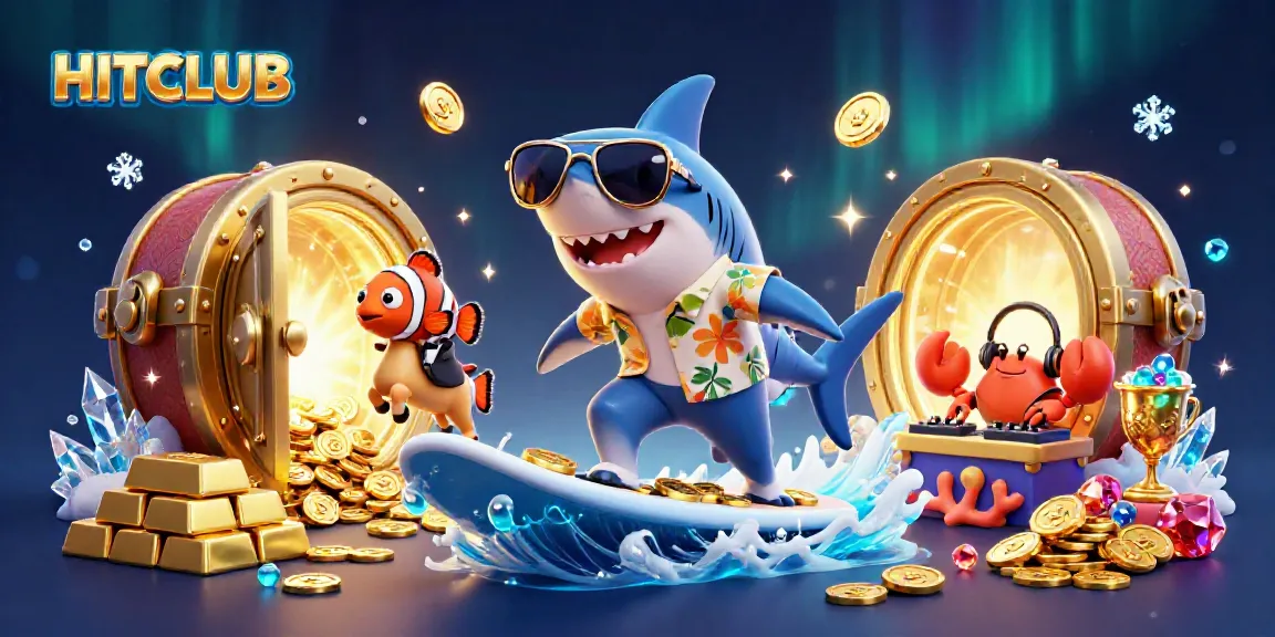 Experience HITCLUB's dynamic gaming adventure with colorful characters, gold coins, and sparkling gems.