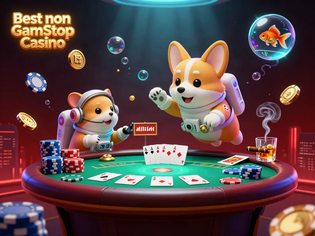 Experience thrilling moments with the Best non Gamstop Casino, featuring a fun astronaut corgi and vibrant poker scene.