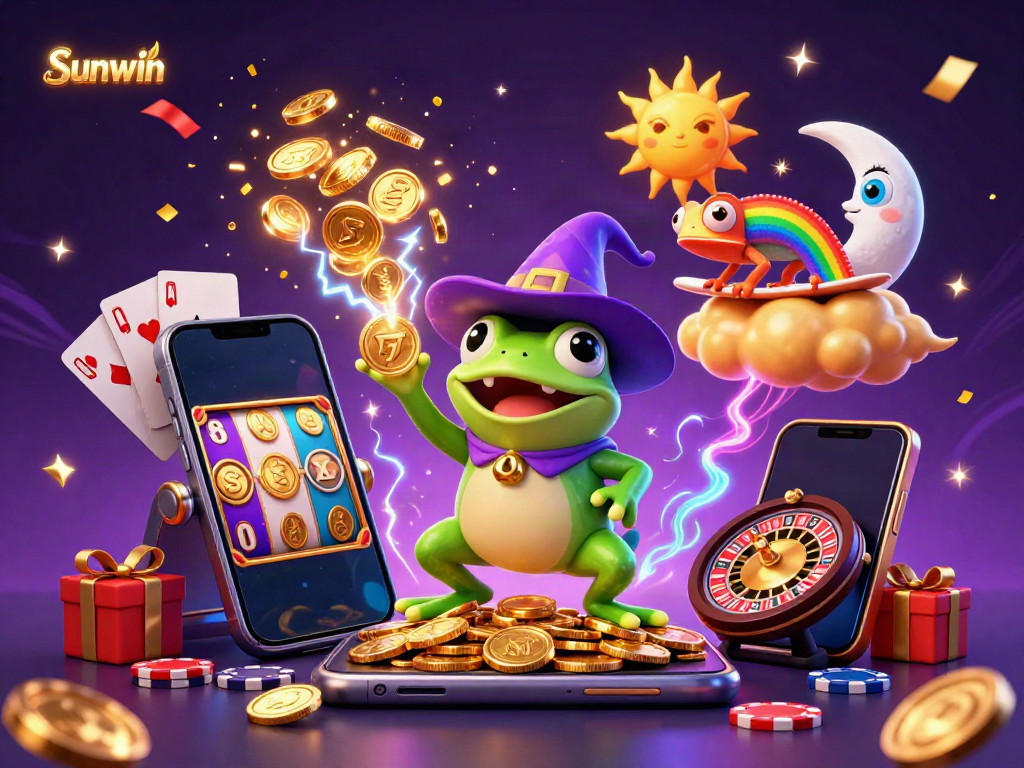 Sunwin brings excitement with a wizard frog showering golden coins in a vibrant casino scene.