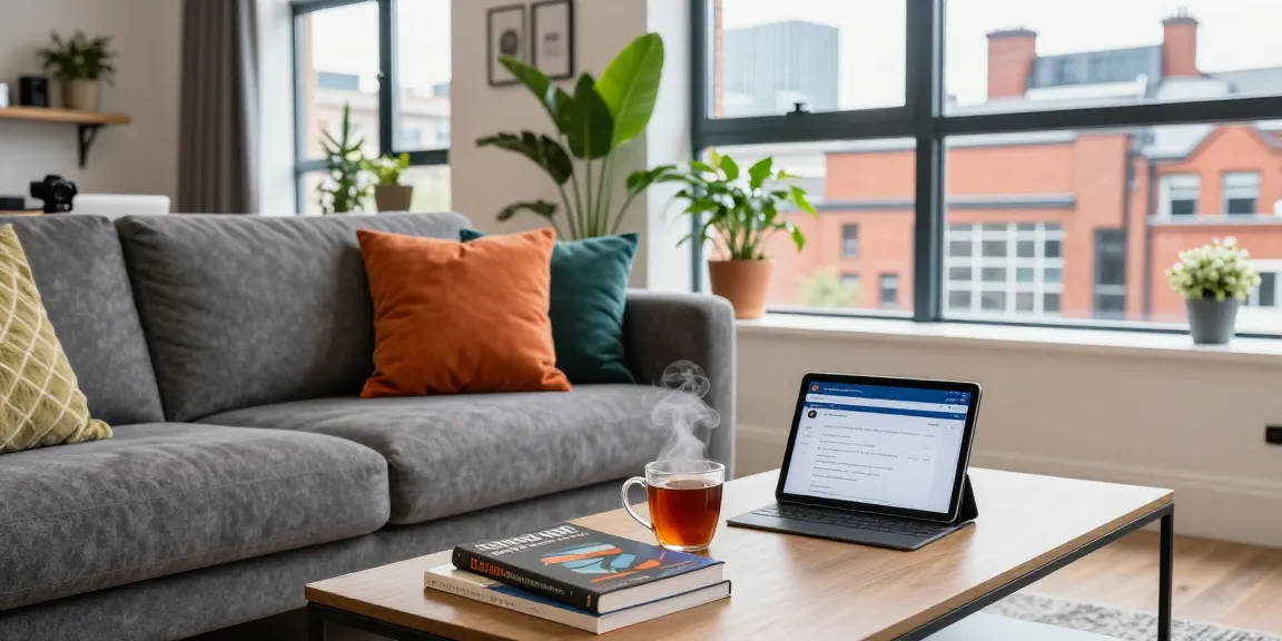 Stylish short-let property management in Manchester living space with modern decor and vibrant city views