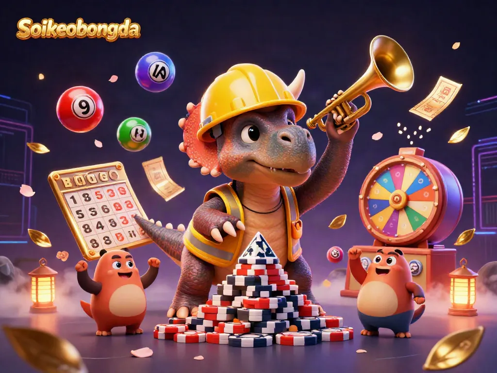 Soikeobongda showcases an energetic scene with a triceratops building poker chip stacks, celebrating casino victories.