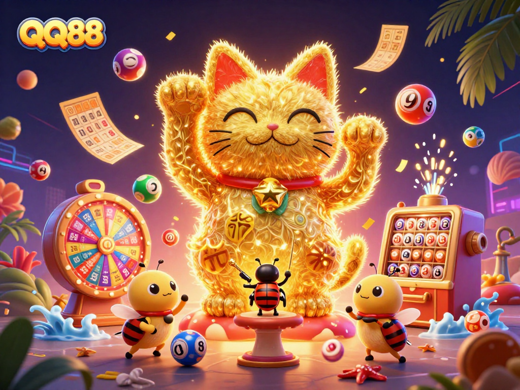 Experience exciting gameplay at QQ88 with a vibrant illustration of a lucky cat and dynamic casino symbols.