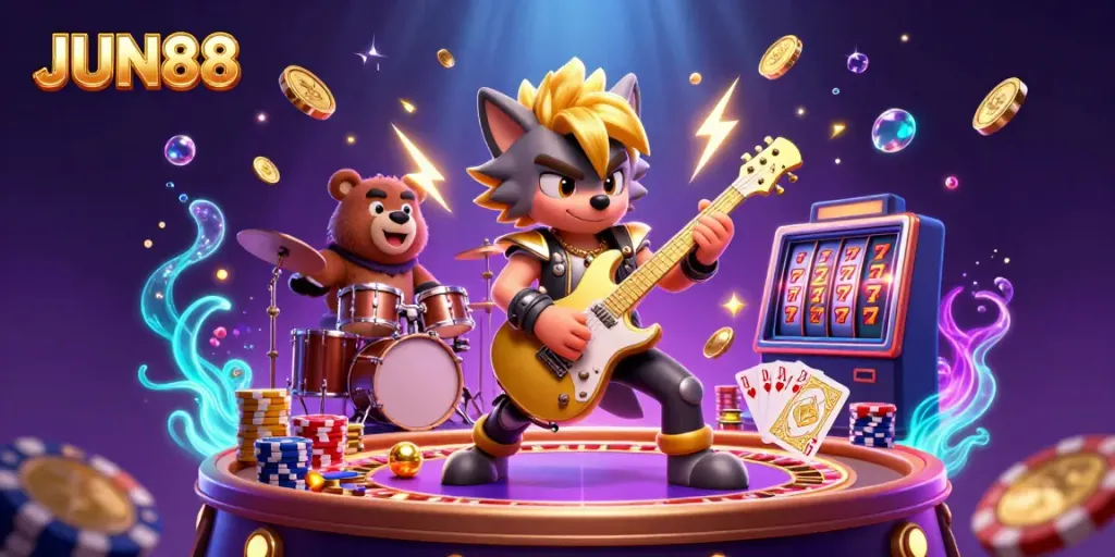 Experience dynamic gaming action with JUN88 at an electrifying casino scene featuring vibrant characters and gambling elements.