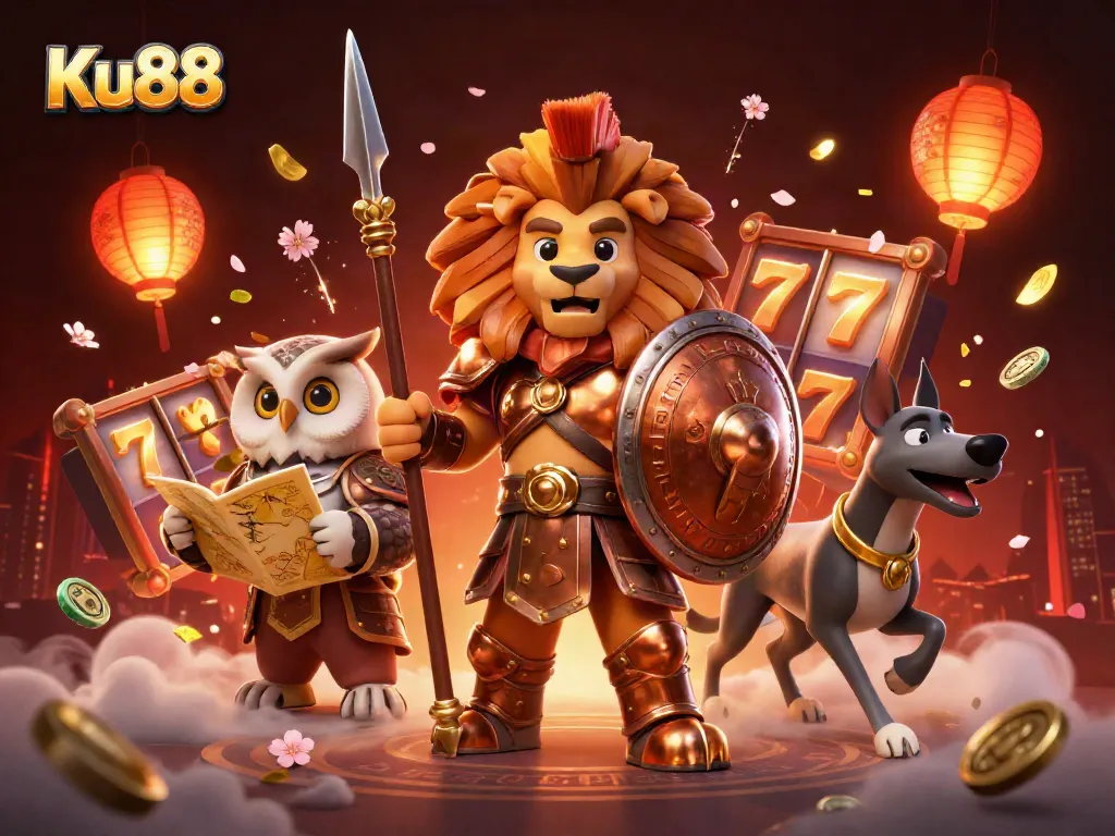 Experience thrilling gameplay with Ku88 as vibrant slot reels and lucky symbols swirl in a dynamic casino scene.