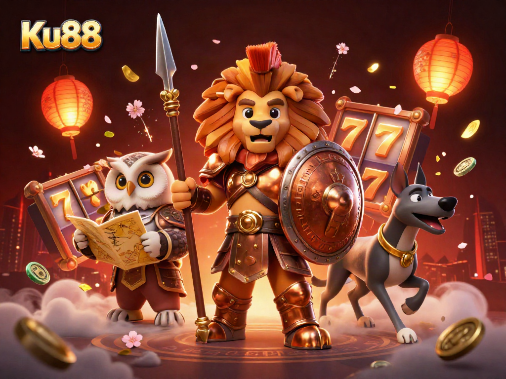 Experience thrilling gameplay with Ku88 as vibrant slot reels and lucky symbols swirl in a dynamic casino scene.