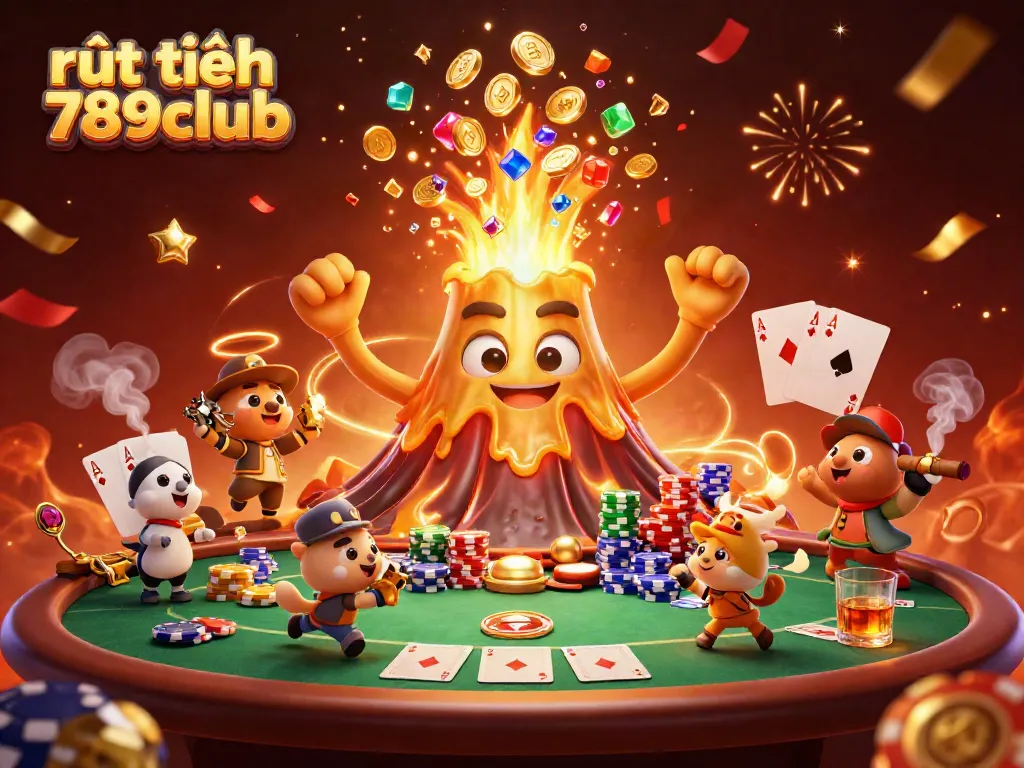 Engage in rút tiền 789club with a vibrant 3D scene of treasure-filled volcano and poker atmosphere.