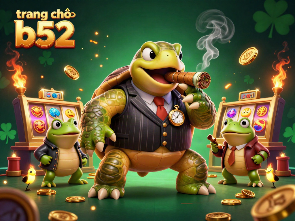 Experience the energy of trang chủ b52 with a unique casino scene featuring a turtle in a vintage suit and engaging slot elements.
