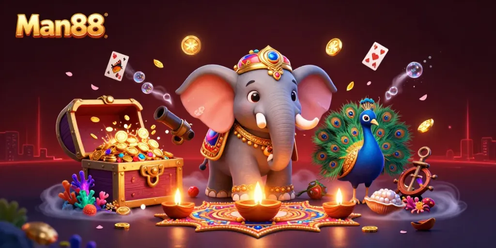 Man88 offers exciting gameplay with a festive elephant and peacock amid vibrant gems and casino treasures.