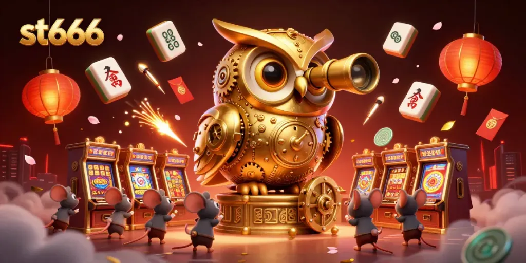 Experience the thrilling ambiance of st666 casino with golden owl scanning the vibrant gaming floor.