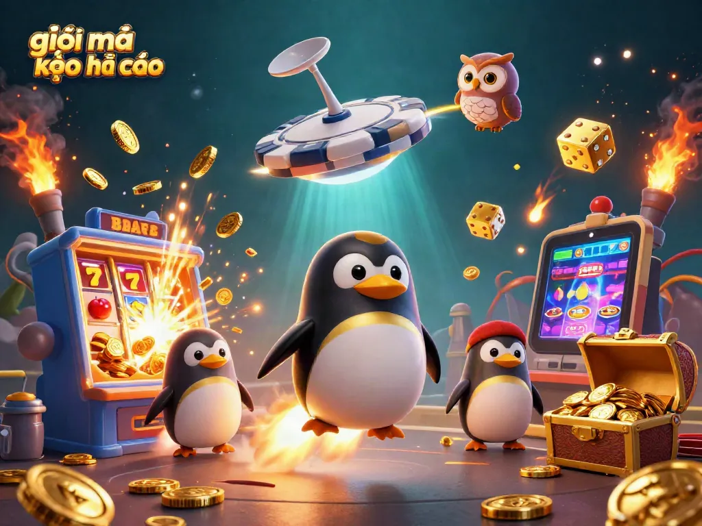 Engage with giải mã kèo nhà cái as a rocket-powered penguin navigates through a vibrant casino universe.