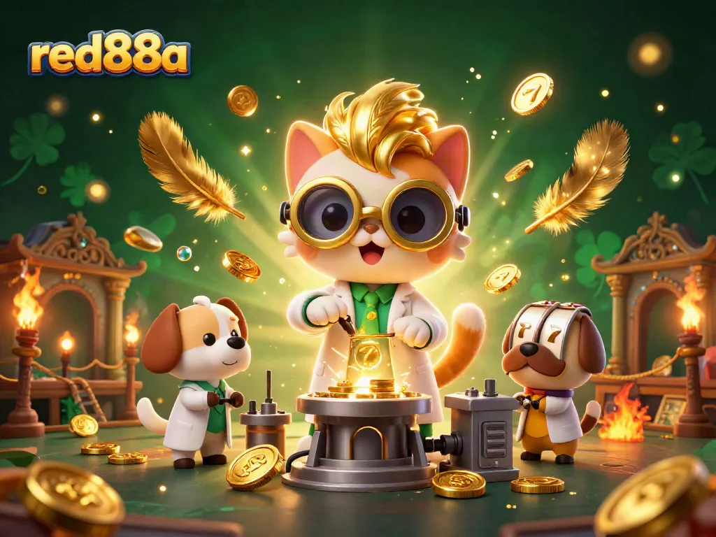 Play exciting games with red88a featuring mad scientist cat and loyal dog in a dynamic casino scene.