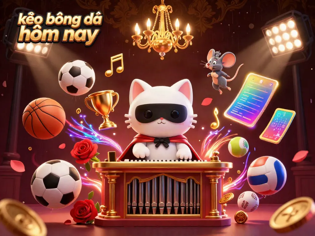 Engage in betting excitement with kèo bóng đá hôm nay, featuring lively 3D characters surrounded by sports balls and casino elements.