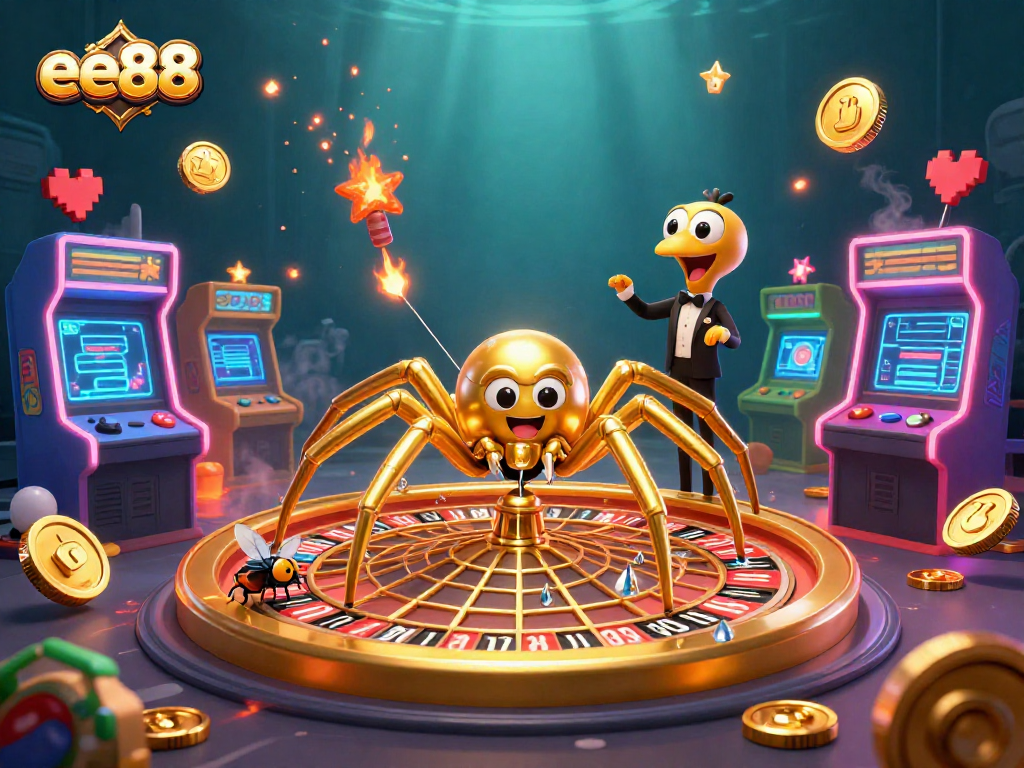 Engage with ee88's vibrant casino world as a golden spider spins a roulette wheel web surrounded by dynamic arcade elements.