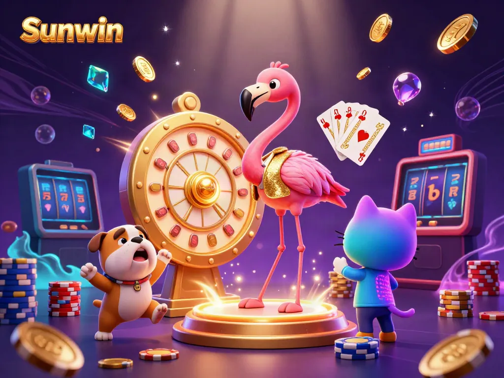 Spin to win at Sunwin with a game show host and contestant celebrating amidst sparkling prizes.