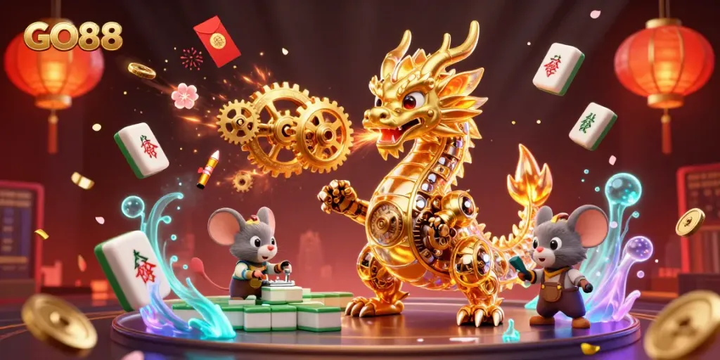 Experience thrilling gameplay with GO88, featuring a golden dragon and vibrant casino elements.