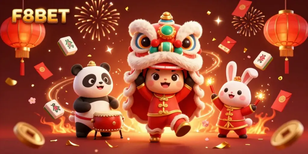 Engage with F8BET's exciting games through a vibrant 3D illustration featuring lively characters celebrating.