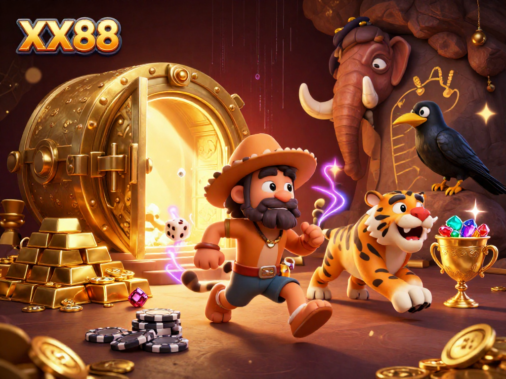 Join the excitement at XX88 as ancient characters play in a vibrant casino scene full of treasures.