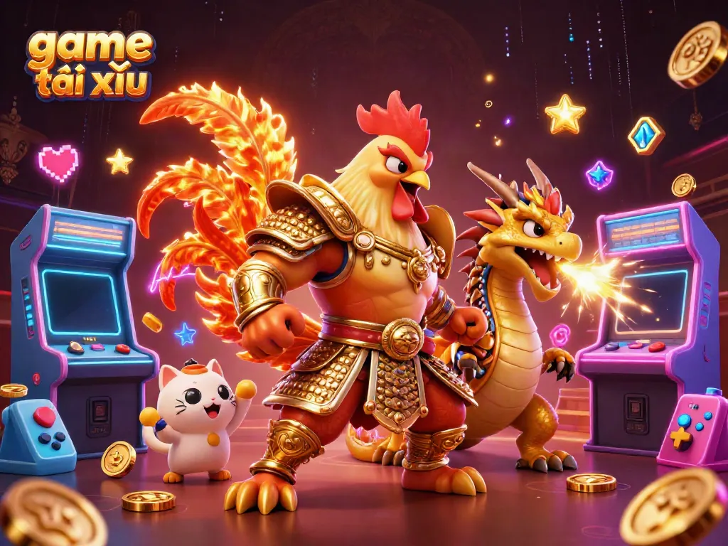 Engage in an exciting game tài xỉu with a fierce rooster warrior and dragon in a vibrant casino world.