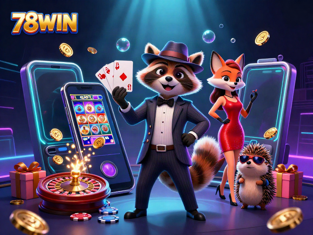 Engage with 78WIN's dynamic casino scene featuring playful characters and vibrant gambling elements.