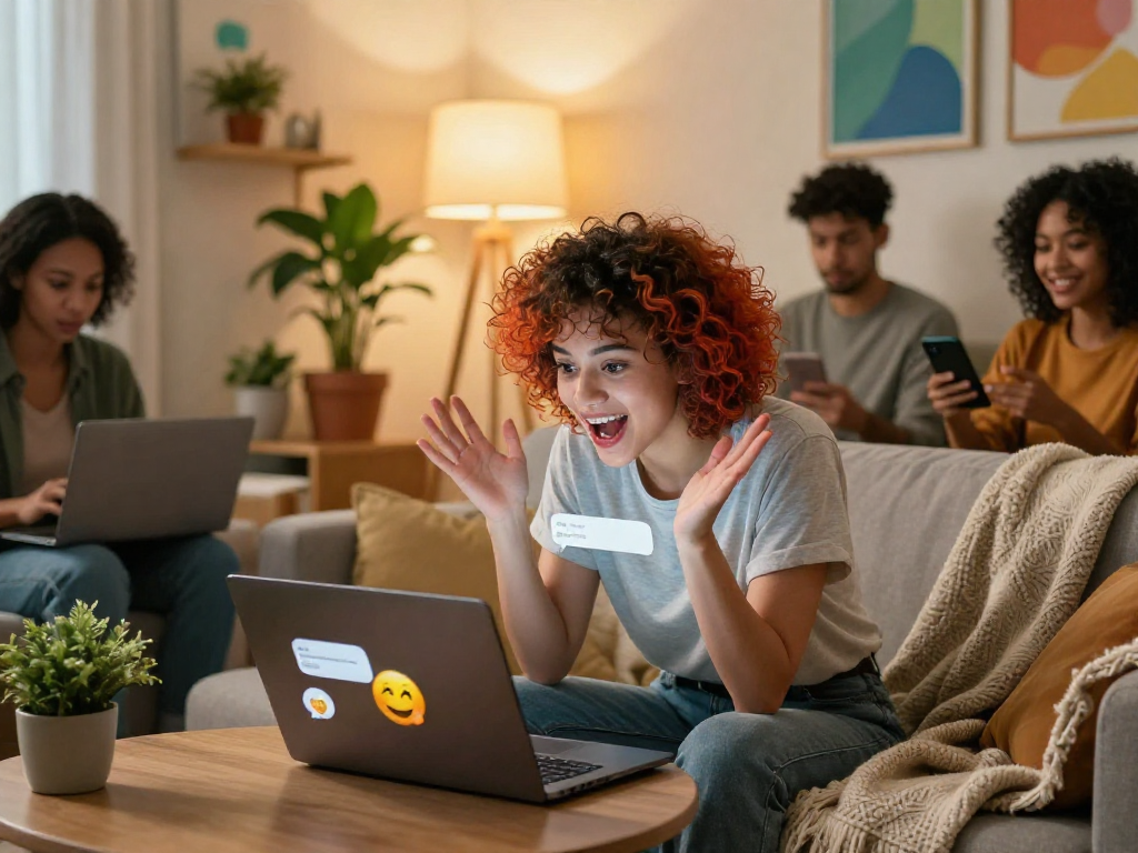 Diverse individuals engaging in NSFW AI chat interactions in a cozy living room, showcasing modern social connections.