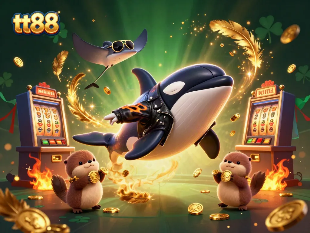 Spin the reels at tt88 with a dynamic orca hero and otters collecting golden coins.