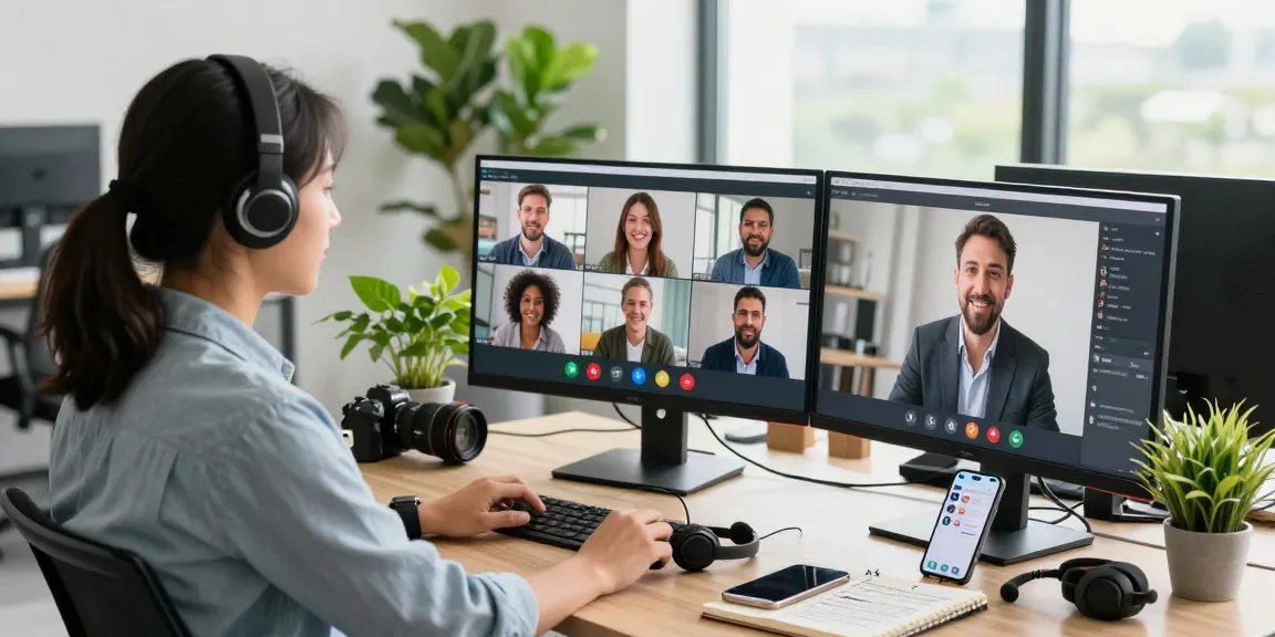 Remote call control in an engaging office workspace with video calls and productivity tools.