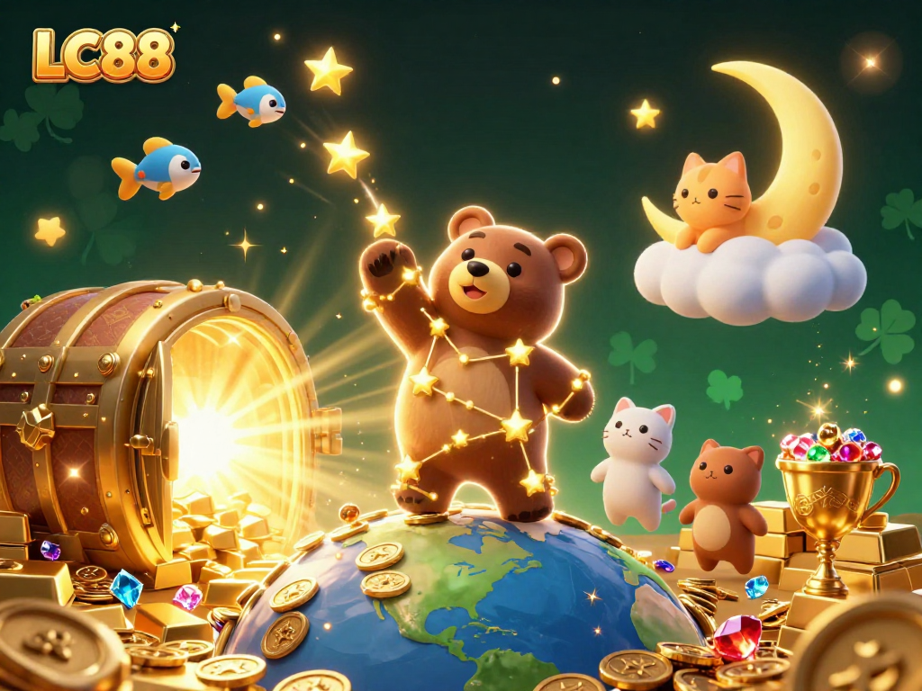 Feel the excitement with LC88 as the constellation bear scoops coins from Earth amidst shimmering slot game treasures.