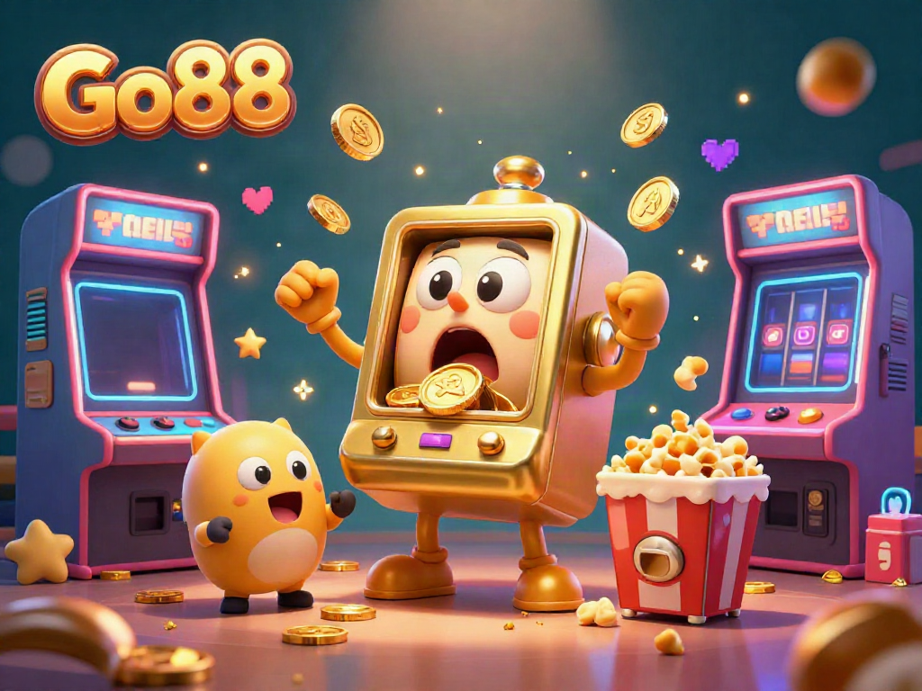 Experience the excitement of Go88 with a cartoon golden slot machine hitting the jackpot amidst vibrant game elements.
