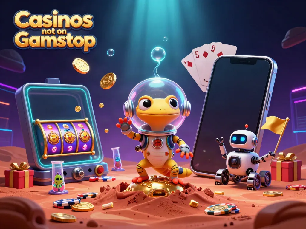 Explore Casinos not on Gamstop with a Martian gecko in a vibrant 3D illustration