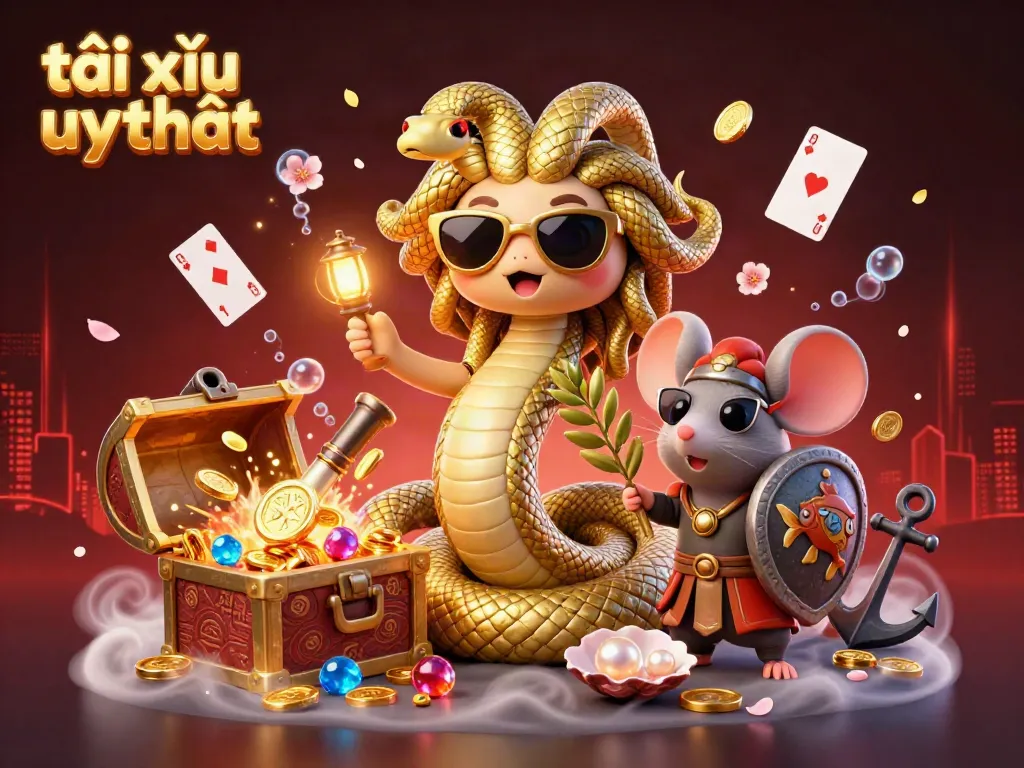 Engage with the festive scene of tài xỉu uy tín exhibiting playful Medusa and warrior mouse amid treasure game elements.