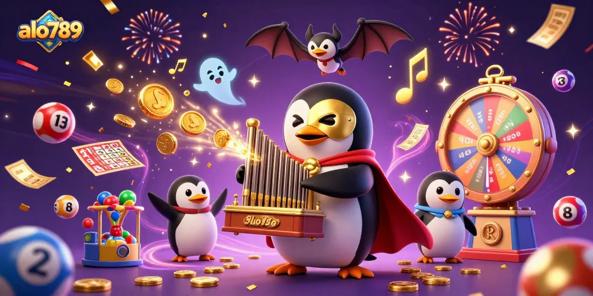 Experience the excitement of alo789 as a phantom opera penguin plays coins from a magical organ amidst vibrant gaming elements.